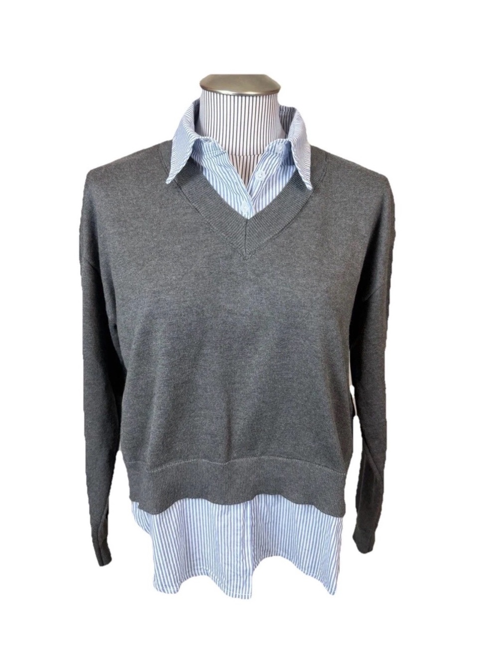 Arden B Y2K Cropped Layered Sweater Preppy Dark Academia Striped Shirt 2-in-1
